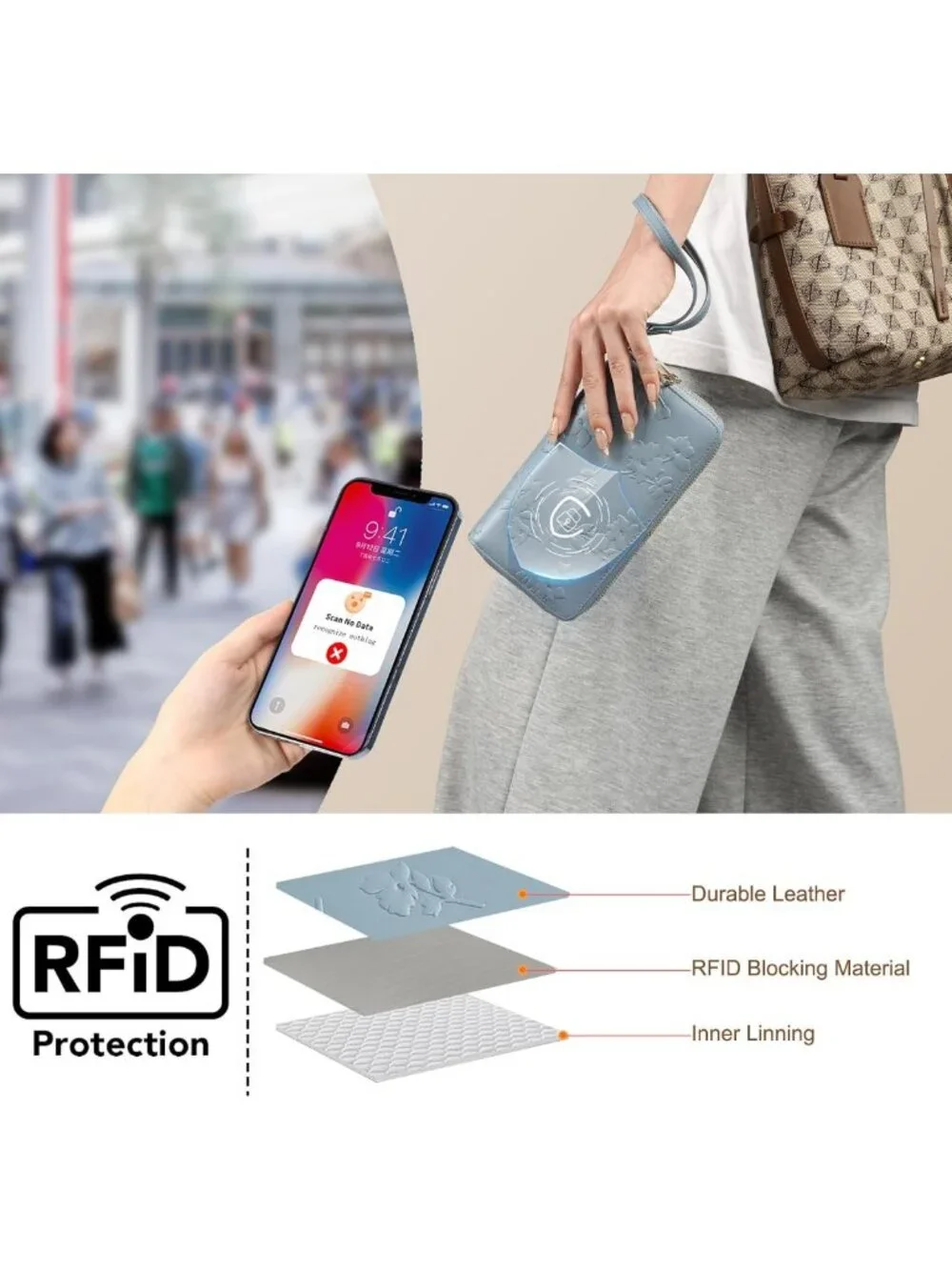Vegan Leather RFID Blocking Large Capacity Double Zip Wristlet Wallet for Women